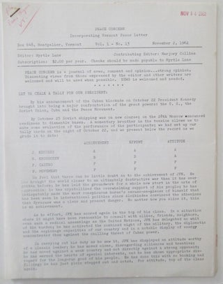 Peace Concern, Incorporating Vermont Peace Letter. Vol. 1 No. 13. November 2, 1962. Myrtle Lane, Marjory Collins.