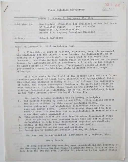 Item #009075 Peace-Politics Newsletter. Volume 1, Number 7, September 25, 1962. Robert Gustafson.