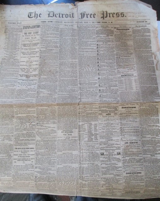 Item #009803 The Detroit Free Press. Sunday, May 5 and Monday, May 6, 1861. With a printing of the May 3rd proclamation by Abraham Lincoln and Civil War content. Abraham Lincoln, Authors.