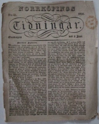 Item #010343 Norrkopings Tidningar. 8 June 1831. Given