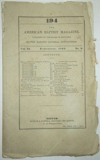 Item #011558 The American Baptist Magazine. February, 1833. Vol 13, No. 2. Authors.