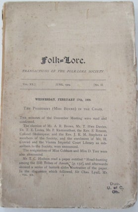 Item #011571 Folk-Lore. A Quarterly Review of Myth, Tradition, Institution and Custom. June 1909....