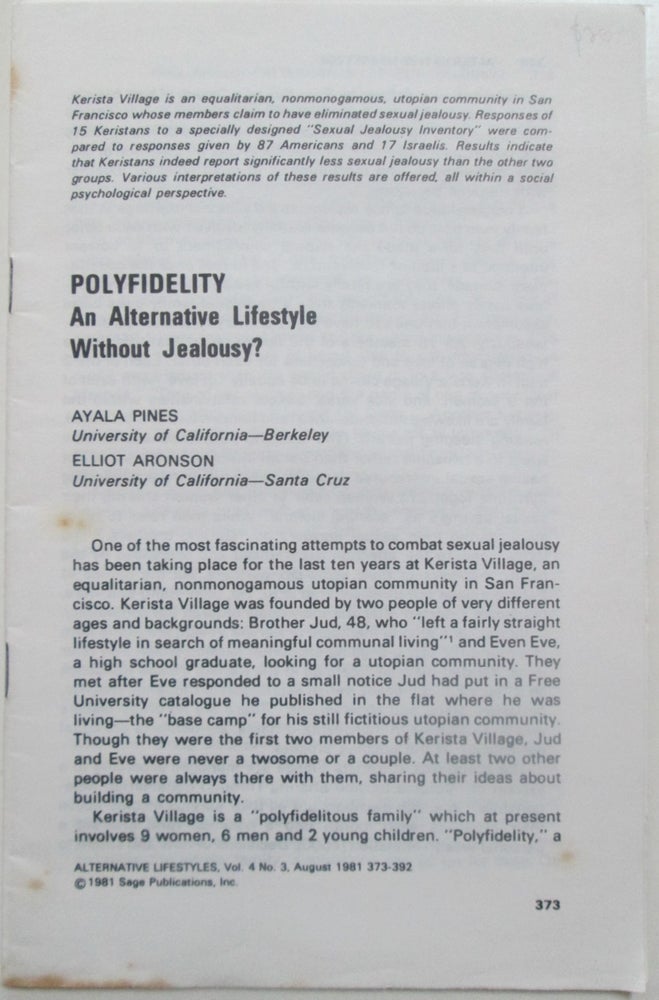 Item #013422 Polyfidelity. An Alternative Lifestyle Without Jealousy. Offprint from Alternative Lifestyles, Vol. 4, No. 3, August 1981. Ayala Pines, Elliot Aronson.