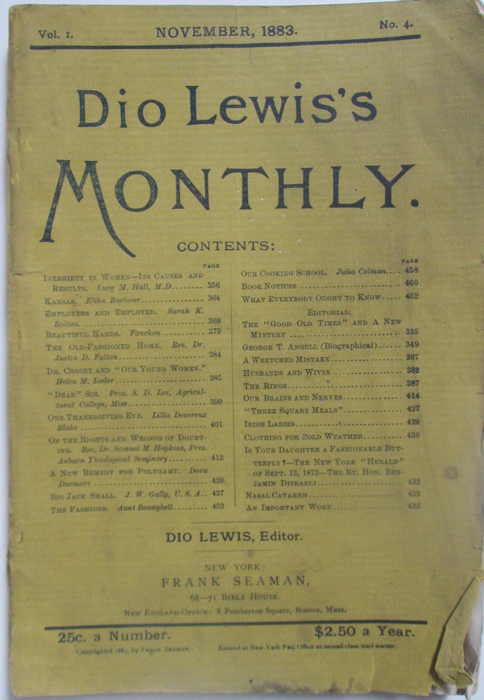 Item #013556 Dio Lewis's Monthly. November, 1883. Vol. 1. No. 4. Authors.
