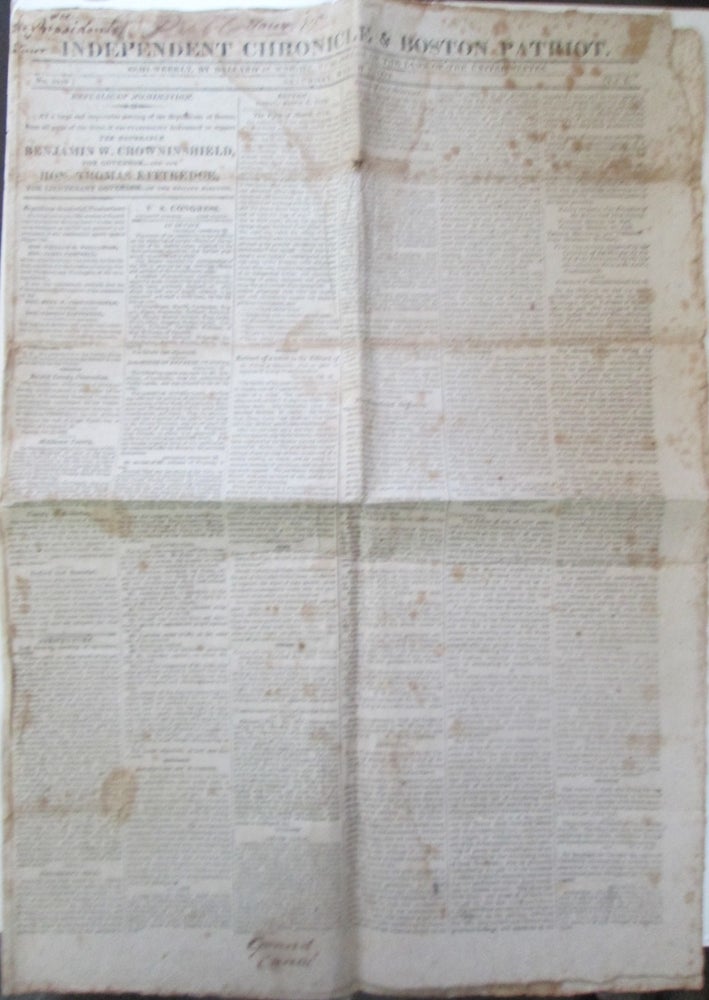 Item #013807 Independent Chronicle and Boston Patriot. Saturday March 7, 1818. given.