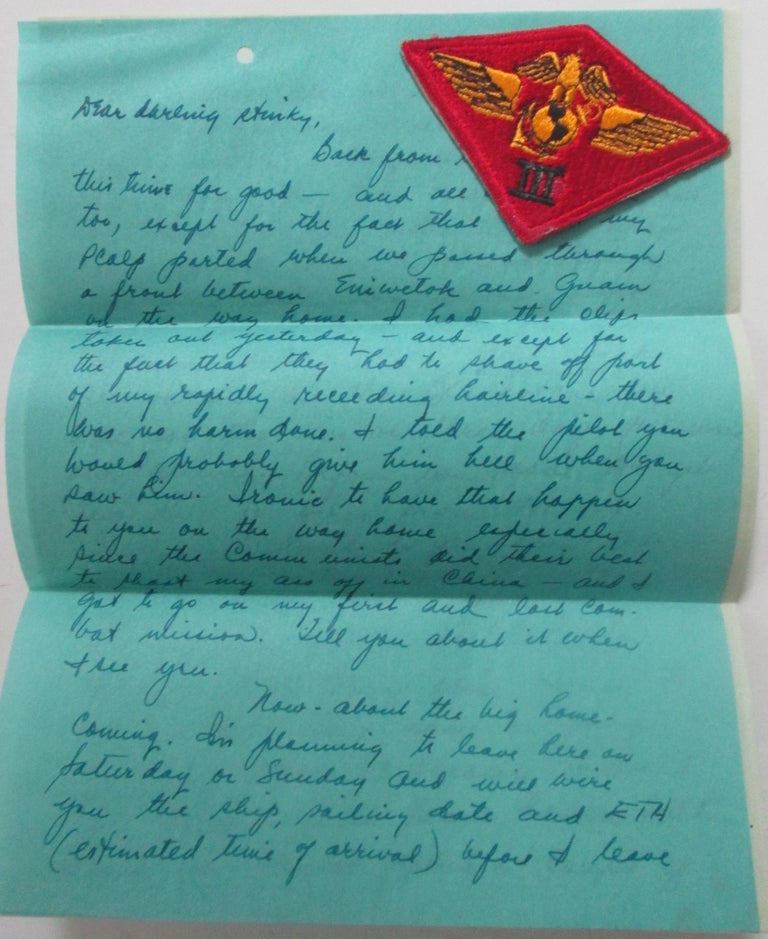 Item #013879 World War II Era Handwritten Letter. Nov. 1945. With World War II Era Third Marine Aircraft wing Patch. Walter H. Johnson.