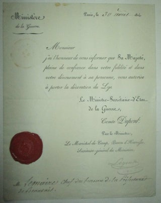 Item #014099 Document authorizing the award of the Decoration du Lys (Decoration of the Lily)....