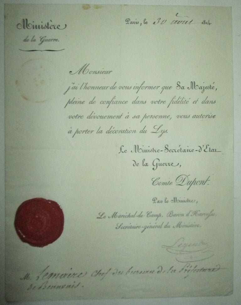 Item #014099 Document authorizing the award of the Decoration du Lys (Decoration of the Lily). 1814. given.