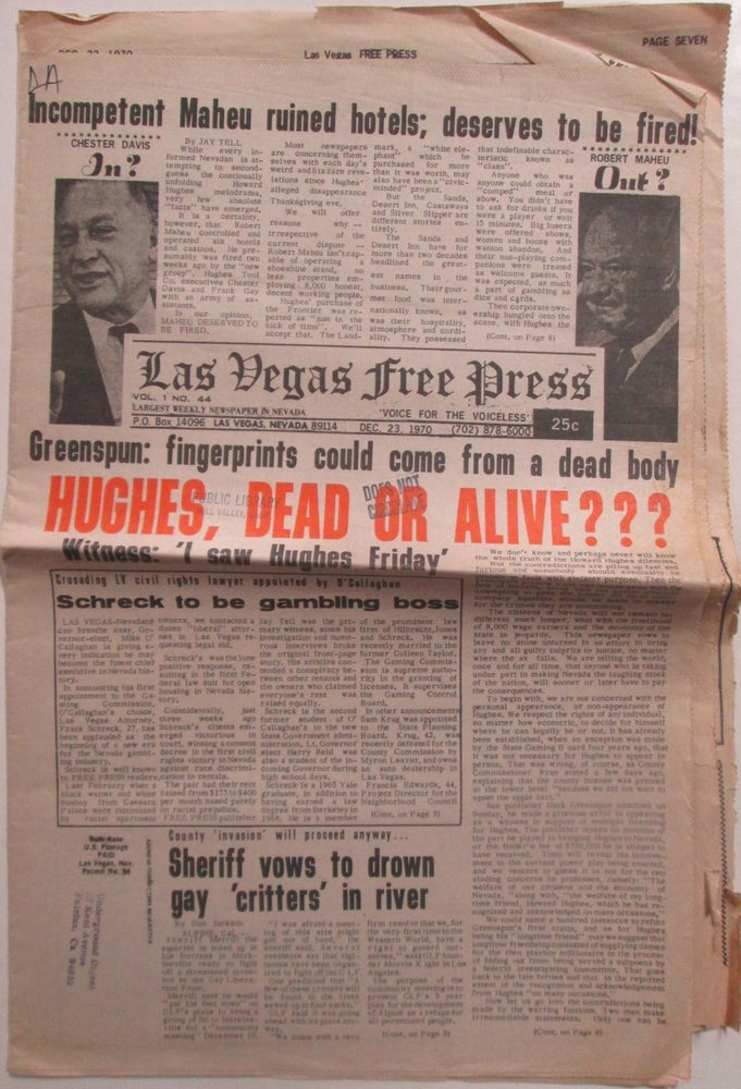 Item #014713 Las Vegas Free Press. Dec 23., 1970. Vol. 1. No. 44. authors.