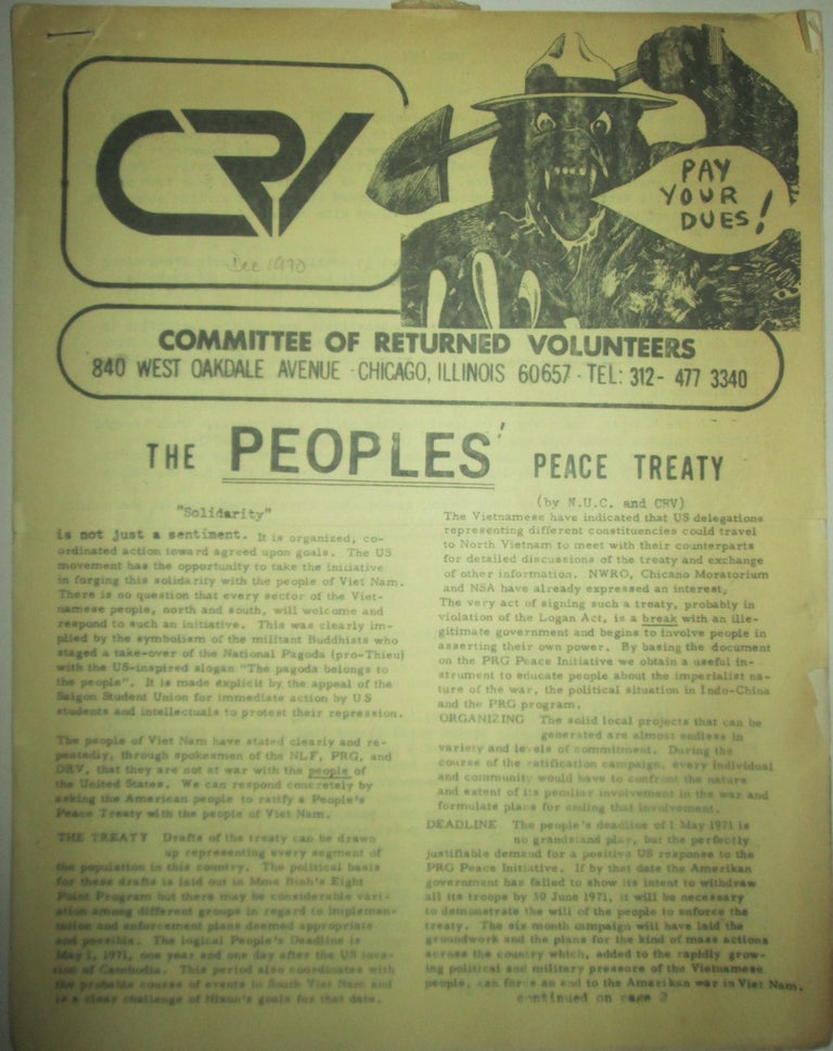 Item #015624 Committee of Returned Volunteers. CRV National Newsletter December, 1970. Authors.