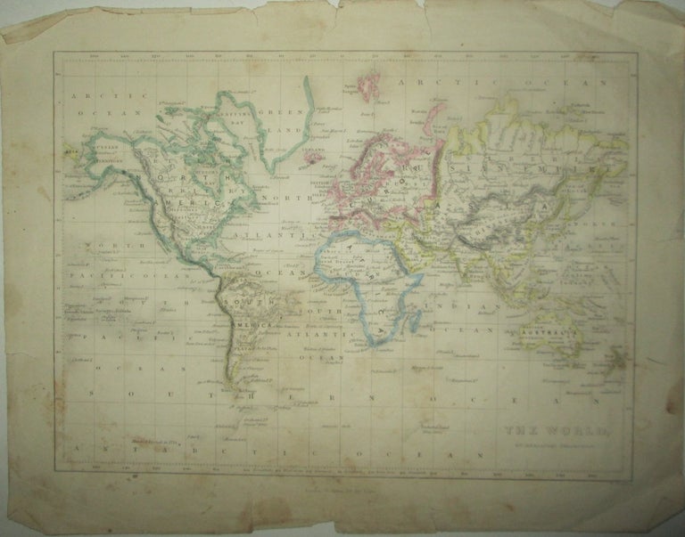 Item #015862 The World. On Mercator's Projection. Map of the Continents and Oceans with Hand Colored Borders. Given.