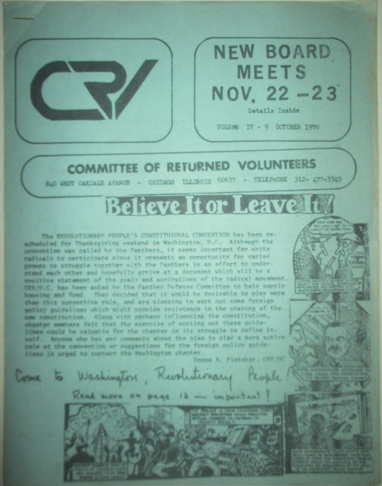 Item #015903 Committee of Returned Volunteers. CRV National Newsletter October 1970. Authors.