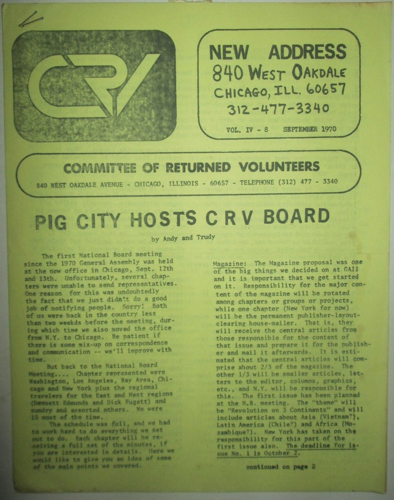 Item #015975 Committee of Returned Volunteers. CRV National Newsletter September 1970. authors.