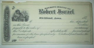 Item #016258 Certificate of Deposit issued by the Banking House of Robert Israel in Richland,...