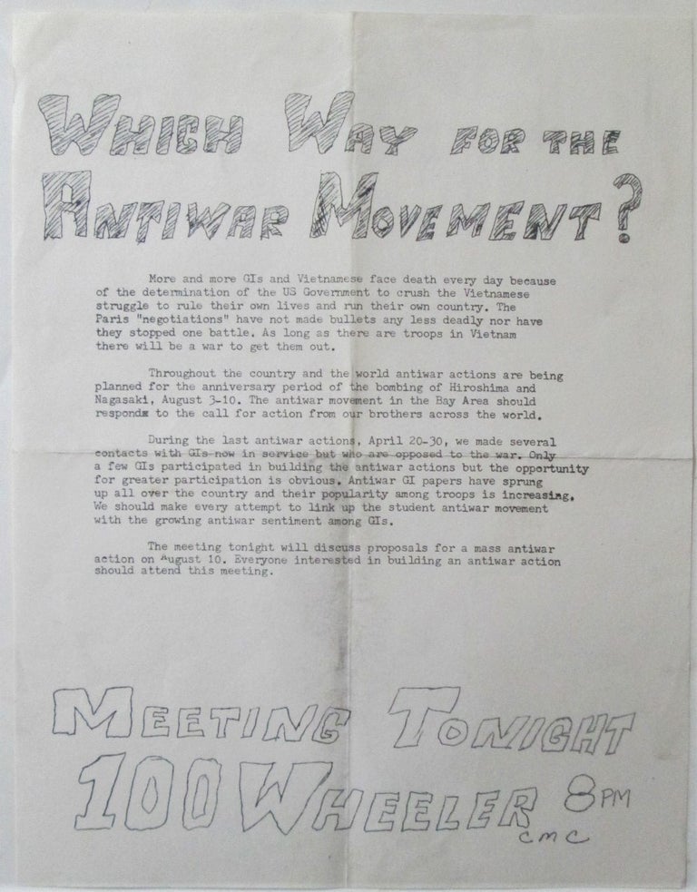 Item #016601 Which Way for the Antiwar Movement? Meeting Flier. Given.