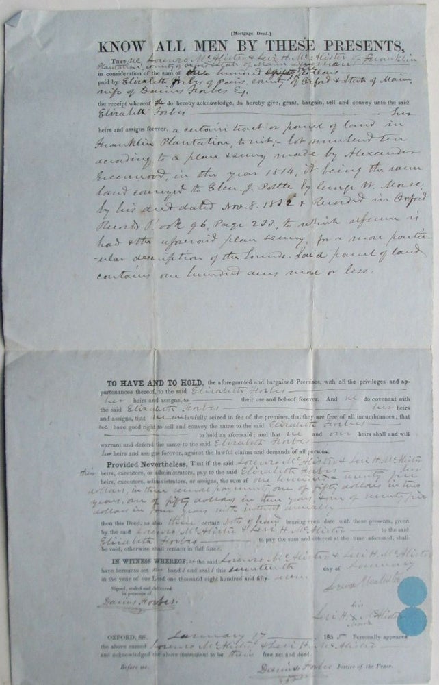 Item #016810 Land Sale Deed/Mortgage Deed. Franklin Plantation, Oxford County Maine, 1855. given.