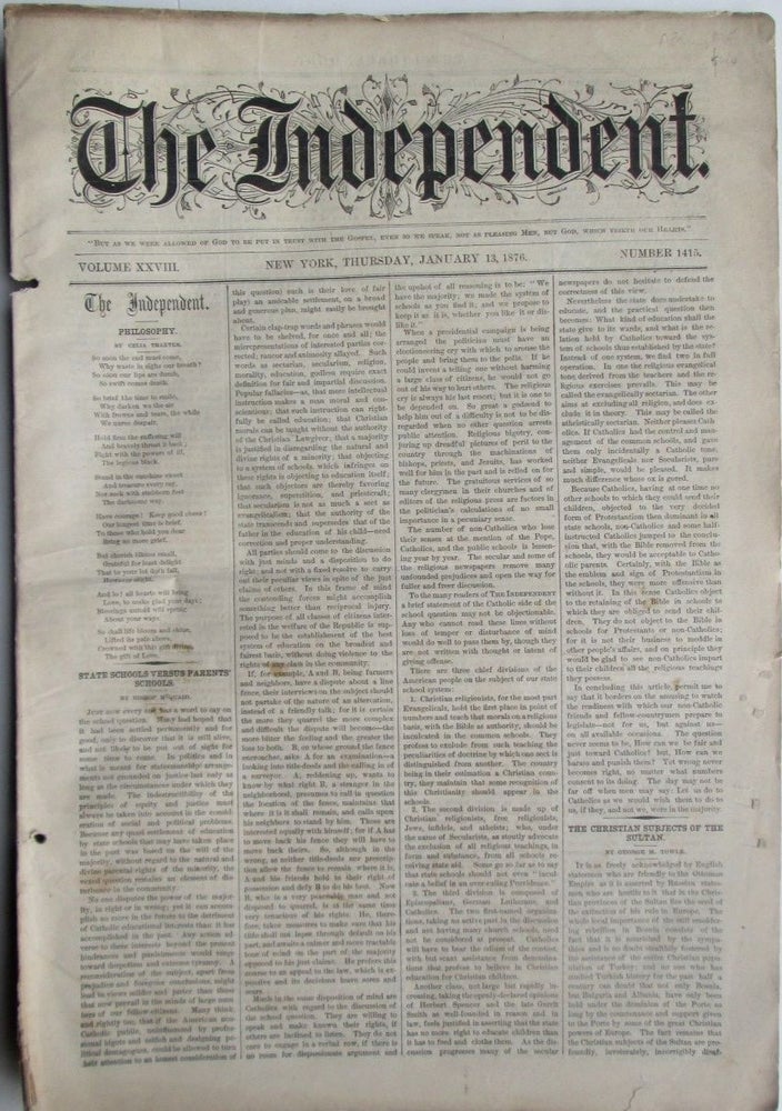 Item #016826 The Independent. January 13, 1876. African Methodist Episcopal Church African-American, J. T. Jenifer, A. H. Newton, J. F. A. Sisson, Amos A. Williams, A. J. Chambers, Geo. T. Robinson, Celia Thaxter.