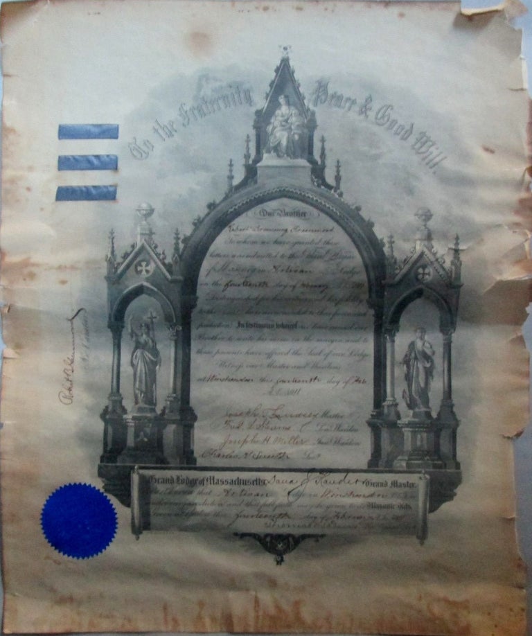 Item #016843 Certificate conferring the Third Degree of Masonry to Robert Browning Greenwood. Grand Lodge of Massachusetts. Freemasonry.