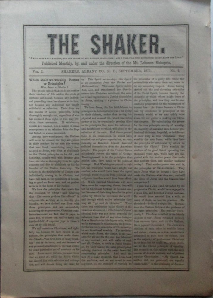Item #016848 The Shaker. September, 1871. Vol. 1, No. 9. Authors.