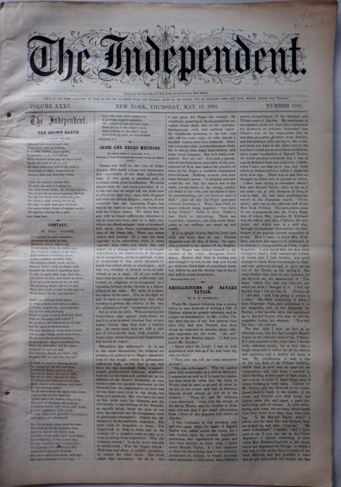 Item #016909 The Independent. Thursday, May 10, 1883. African-American, Benjamin T. Tanner, Joaquin Miller, Susan Coolidge.