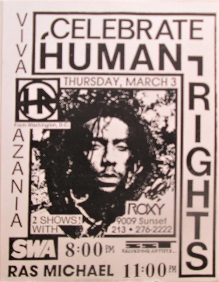 Item #016917 Celebrate Human Rights Viva Azania. H.R. with SWA and Ras Michael Concert Flier Thursday, March 3 (1988) at the Roxy on Sunset.