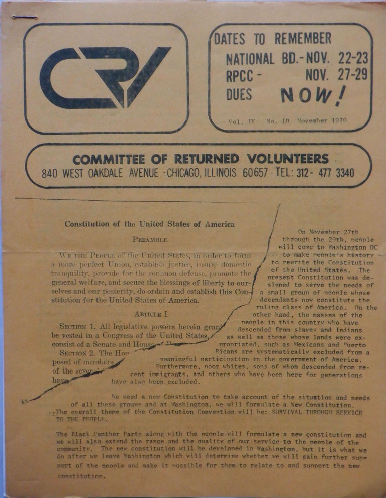 Item #017098 Committee of Returned Volunteers. CRV National Newsletter November, 1970. authors.