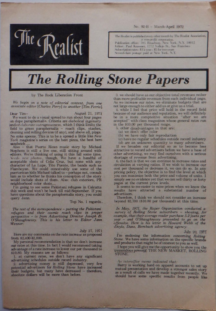 Item #017119 The Realist. March-April, 1972. No. 92-B. Dick authors. Guindon, comic.