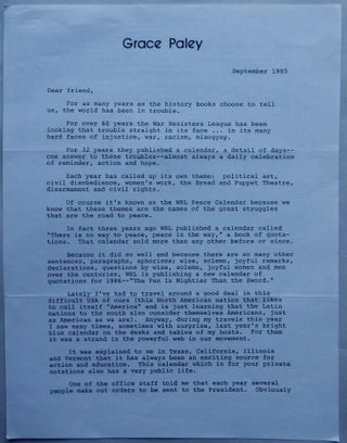 Item #017221 Grace Paley. War Resisters League Promotional Letter. Grace Paley