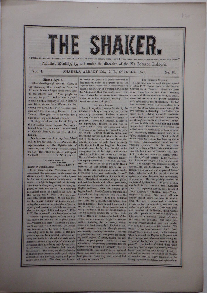 Item #017608 The Shaker. October, 1871. Vol. 1, No. 10. Authors.