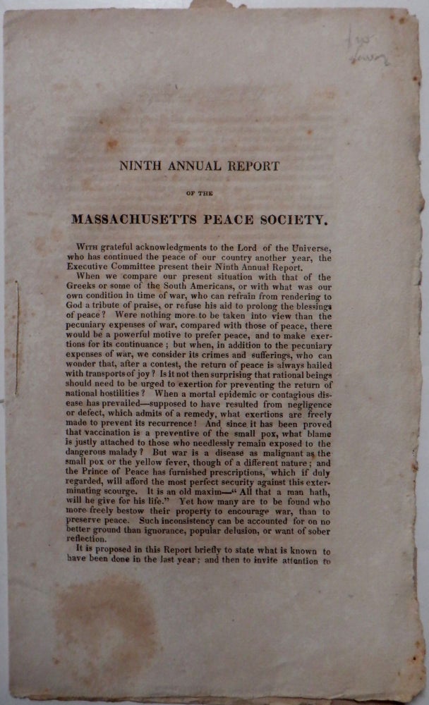 Item #017615 Ninth Annual Report of the Massachusetts Peace Society. given.