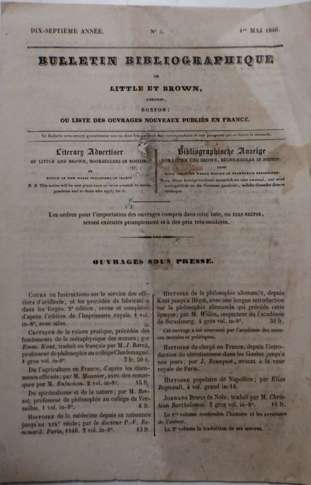 Item #017747 Bulletin Bibliographique de Little et Brown, Libraires, Boston: ou Liste des Ouvrages Nouveaux Publies en France. 1st Mai 1846. No. 5. Given.