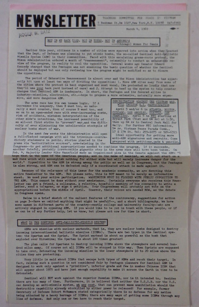 Item #017977 Newsletter. Teachers Committee for Peace in Vietnam. 8 issues spanning March 4, 1969 to March 7, 1972. authors.