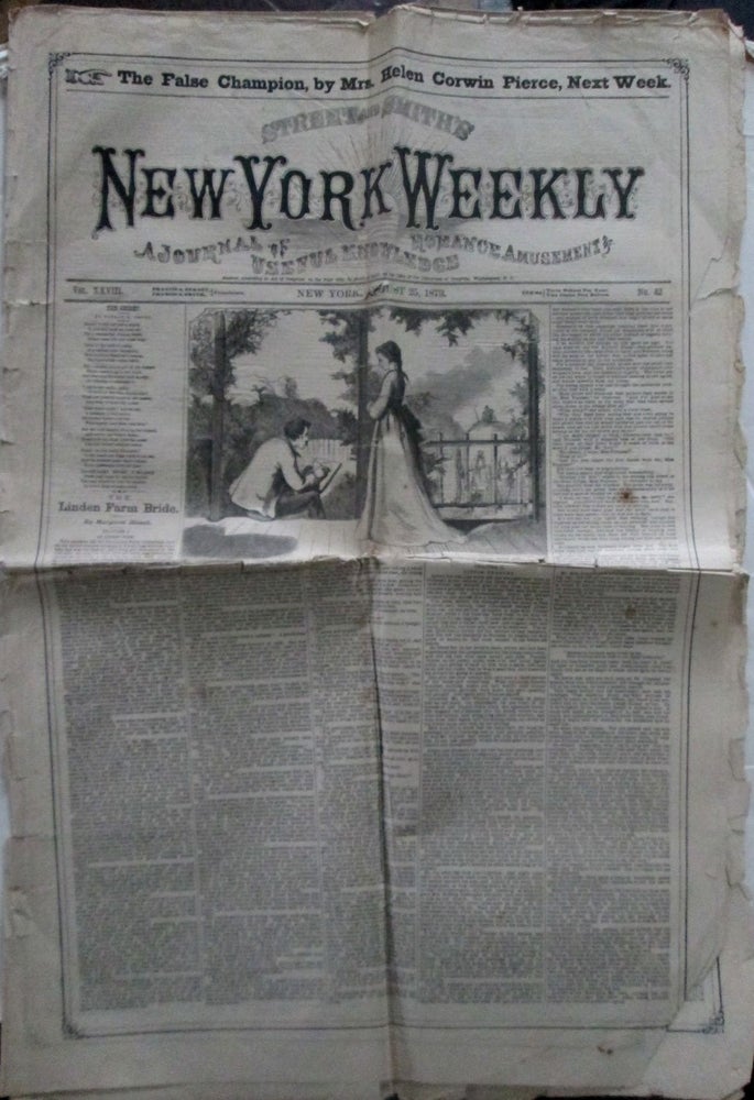 Item #018303 Street and Smith's New York Weekly. A Journal of Useful Knowledge Romance Amusement. August 25, 1873. Horatio Alger, Margaret Blount.