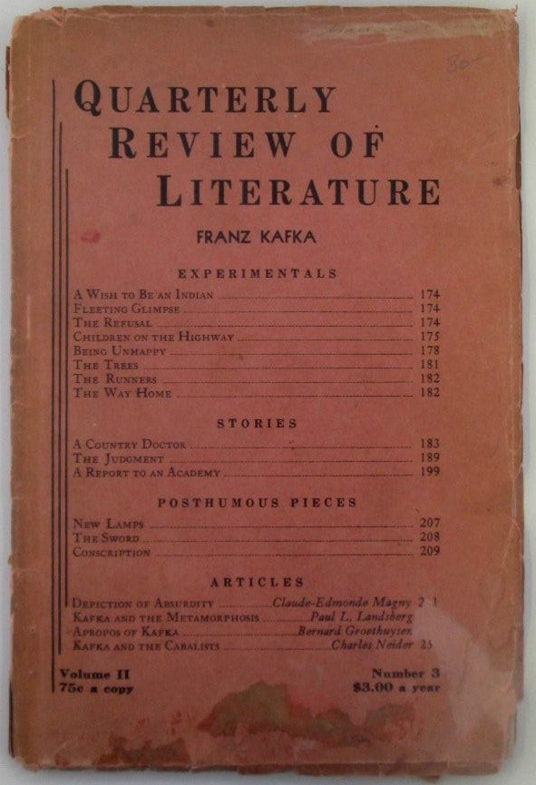 Item #018412 Quarterly Review of Literature. Franz Kafka Issue. Volume II, Number 3. Franz Kafka.