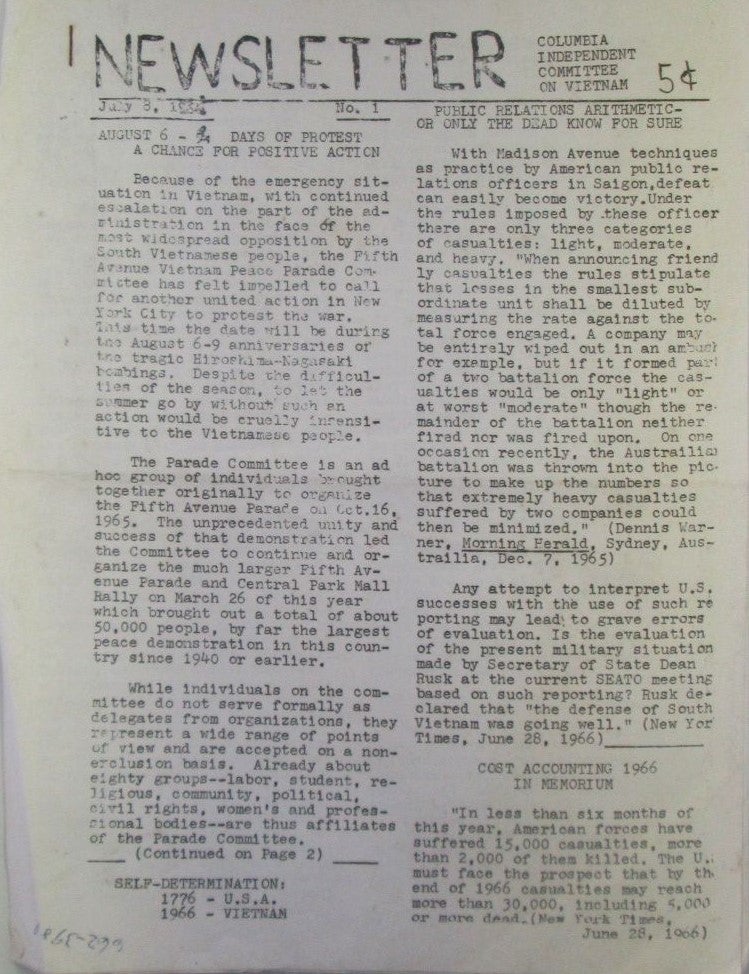 Item #018643 Newsletter. Columbia Independent Committee on Vietnam. July 8 (1966). No. 1. given.
