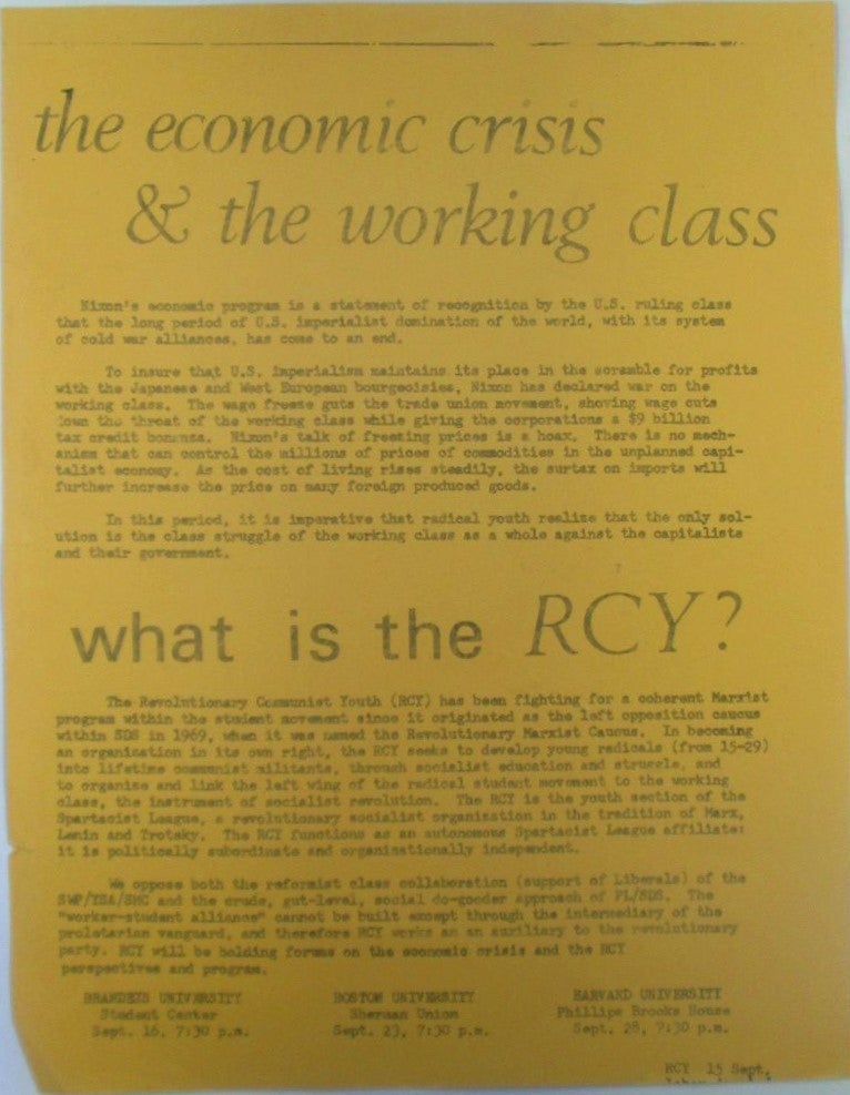Item #018867 [Social Movements, Radical Movements] The Economic Crisis and the Working Class. What is the RCY? Revolutionary Communist Youth Flier. given.