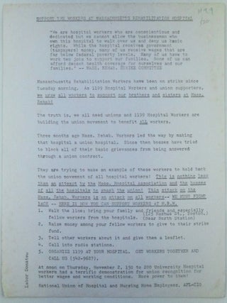Item #019266 Massachusetts Rehabilitation Workers Strike Flier/handbill, circa late 1970s, early...