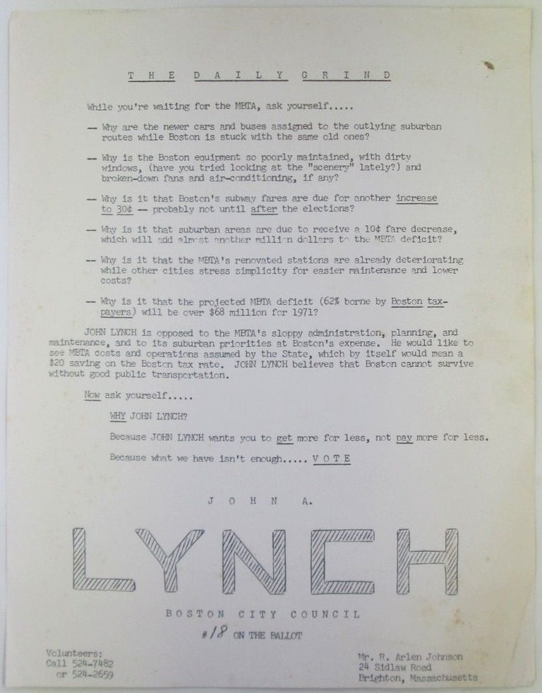 Item #019453 The Daily Grind. John A. Lynch Boston City Council Campaign Flyer