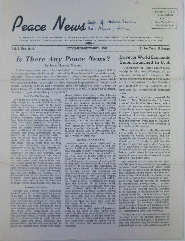 Item #019699 Peace News. November-December, 1942. Vol. 1 Nos. 10-11. Helen Alfred.