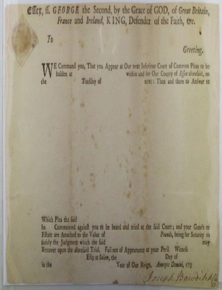 Item #020797 Court Summons Form Letter from the County of Essex, Massachusetts, 1750s.