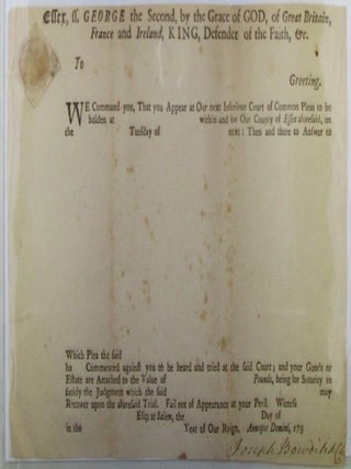 Court Summons Form Letter from the County of Essex, Massachusetts, 1750s