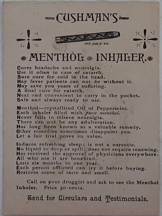 Catarrh, Neuralgia and Headache No More!! Cushman's Menthol Inhaler Advertising Trade Card