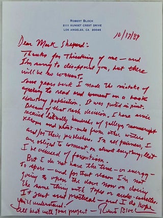 Item #020931 Two Letters Written by Robert Bloch, one handwritten, one Typed. Robert Bloch, author