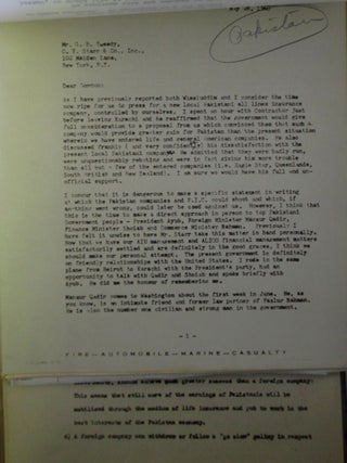Archive of typed Letters, Correspondence and Business Papers relating to An American Insurance Company's expansion in Pakistan circa 1954-1960