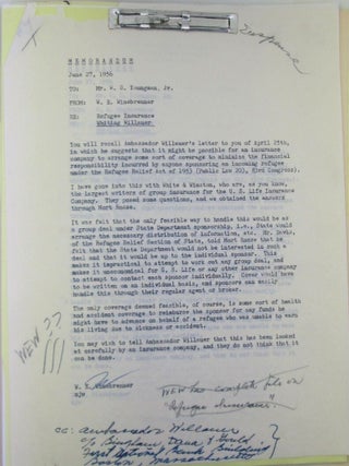 Item #021525 Refugee Insurance Proposals relating to the Refugee Act of 1953. Archive of typed...