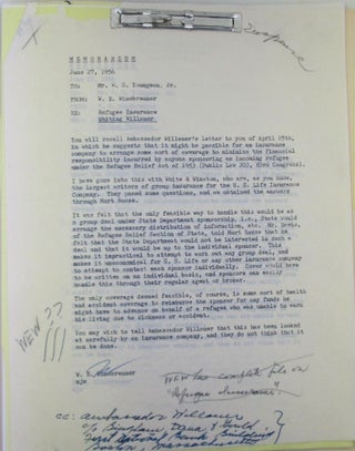 Item #021525 Refugee Insurance Proposals relating to the Refugee Act of 1953. Archive of typed...