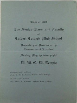 Item #021730 Calvert Colored High School Commencement Exercises Program. Class of 1932. The...