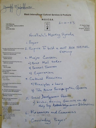 Item #021835 Venellah's Meeting Agenda on Black International Cultural Services and Products...