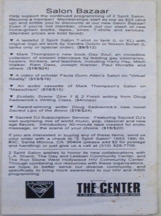 2 Spirit Salon. A Venue for Queer-Centered Thought and Culture Winter Schedule Brochure, 1995