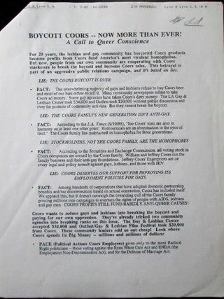 Item #022038 Boycott Coors!-Now More than Ever! Call to Queer Conscience. Informational Packet....